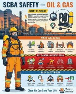 SCBA SAFETY - OIL & GAS

WHAT IS SCBA?

Self-Contained Breathing Apparatus (SCBA) is respiratory equipment that supplies clean air from a cylinder, allowing workers to breathe safely in toxic, oxygen-deficient, or hazardous atmospheres.

WHERE SCBA IS USED

Gas leaks (H₂S release)

Confined space entry

Tank cleaning

Emergency rescue operations

Fire or explosion incidents

KEY DANGERS WITHOUT SCBA

Toxic gas inhalation

Oxygen deficiency

Immediate unconsciousness

Long-term lung damage

+

Fatal exposure

BASIC SAFETY RULES

Inspect SCBA before use

Check air pressure level

Ensure proper fit and seal

000

Never enter alone

Exit before low-air alarm

Clean Air Can Save Your Life

"Safety with Basit"