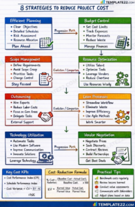 TEMPLATE22.COM 8 STRATEGIES TO REDUCE PROJECT COST Efficient Planning Clear Objectives Detailed Schedules Risk Assessment Resource Allocation Plan Ahead Progression Path, Budget Control Set Cost Limits Track Expenses Monitor Forecasts Reduce Waste Manage Finances ↓ Scope Management Define Reguirements Avoid Scope Creep Prioritize Tasks Change Control Stay Focused Evolution/Comparison ATE22.COM Resource Optimization Utilize Talent • Optimize Tools Leverage Vendors Reduce Overtime Use Resources Wisely Outsourcing Hire Experts Reduce Labor Costs Focus on Core Areas Delegate Tasks External Support Evolution/Comparison Lean Processes CASTIES Streamline Workflow Eliminate Waste Improve Efficiency Use Agile Methods Work Smarter Technology Utilization Automate Tasks Use Modern Software Improve Communication Innovate Solutions Leverage Technology Progression Path → Vendor Negotiation Negotiate Prices Seek Discounts Contract Reviews Build Partnerships Get Best Deals Key Cost KPIs Cost Performance Index (CPI) Schedule Performance Index Cost Variance = CV = EV-AC :9520 Cost-Reduction Formula % Cost-: (Baseline Cost - Actual Cost). Roslection: Baseline Cost, x 100 EV = Eurned Value Actual Cost. Plarned Value Plarned Value Practical Tips Benchmark costs regularly Review lessons learned Conduct value assessments Communcate with takendders 10 Adjust plans based on data TEMPLATE22.COM