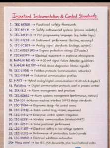 Important Instrumentation & Control Standards 1. IEC 61508 → Functional safety framework 2. IEC 61511 → Safety instrumented systems (process industry) 3. IEC 61131-3 → PLC programming languages (e.g, ladder logic) 4. IEC 61298 → Instrument performance (testing, accuracy) 5. IEC 60381 → Analog signal standards (voltage, current) 6. IEC 60529 (IP) → Ingress protection ratings (IP codes) 7. IEC 60079 Electrical equipment in explosive atmospheres 8. NAMUR NE 43→4-20 mA signal failure detection guidelines 9. NAMUR NE 107→ Field device diagnostics (status signals) 10. IEC 61158 → Fieldbus protocols (communication networks) 11. IEC 61784 Industrial communication profiles 12. HART → Hybrid analog/digital communication (4-20 mA & digital) Digital communication protocols used in process control 13. Fieldbus Alarm management best practices 14. ISA-18.2 15. IEC 62682 Alarm systems management (performance, metrics) 16. ISA-101 → Human-machine interface (HMI) design standards 17. ISO 11064 Ergonomic design for control rooms 18. IEC 61512 Batch control (e.g, recipes, sequences) 19. IEC 61512 Enterprise control system integration 20. IEC 62591 Wireless communication (Wireless HART) 21. IEC 62551 → Valve positioner performance 22. IEC 61557 Electrical safety in low voltage systems 23. IEC 61215→ Performance of photovoltaic (solar) panels 24. IEC 61850 Electrical substation automation 25+ Many more! See IEC, ISA documents, plus local/national codes